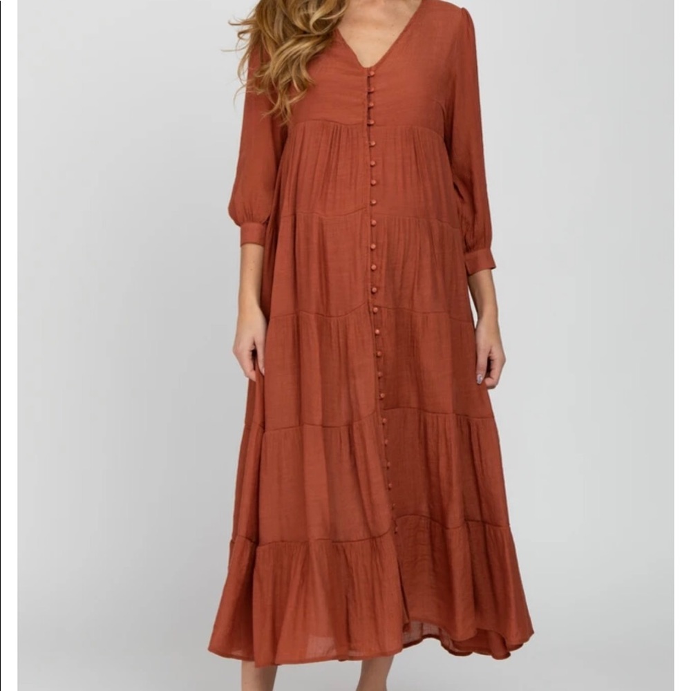 Pink blush, rust colored size M, maternity dress but post bump friendly!